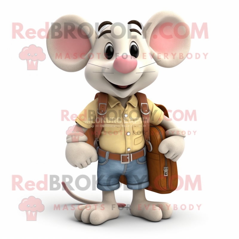 Cream Mouse mascot costume character dressed with a Jeans and Messenger bags