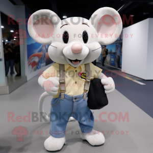 Cream Mouse mascot costume character dressed with a Jeans and Messenger bags
