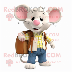 Cream Mouse mascot costume character dressed with a Jeans and Messenger bags