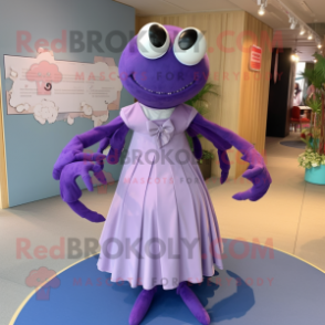 Lavender Crab mascot costume character dressed with a Evening Gown and Tie pins