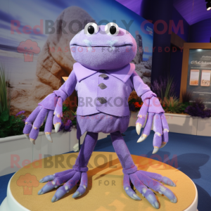 Lavender Crab mascot costume character dressed with a Evening Gown and Tie pins