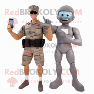 Gray American Soldier mascot costume character dressed with a Bikini and Smartwatches