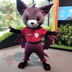 Maroon Fruit Bat mascot costume character dressed with a Yoga Pants and Suspenders