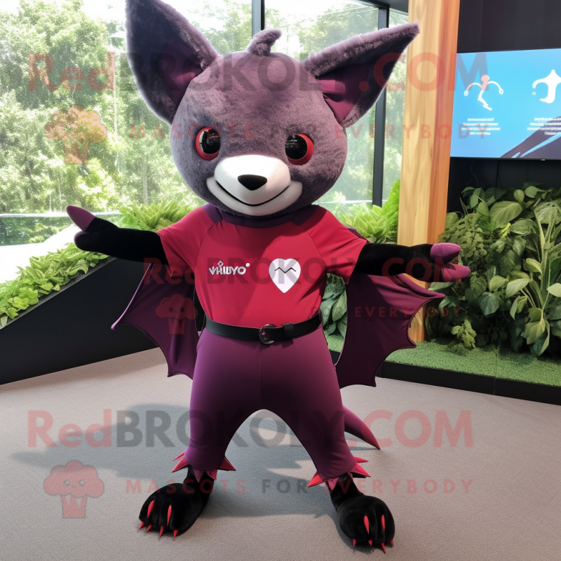 Maroon Fruit Bat mascot costume character dressed with a Yoga Pants and Suspenders