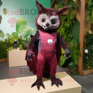 Maroon Fruit Bat mascot costume character dressed with a Yoga Pants and Suspenders