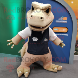 Beige Iguanodon mascot costume character dressed with a Tank Top and Wallets
