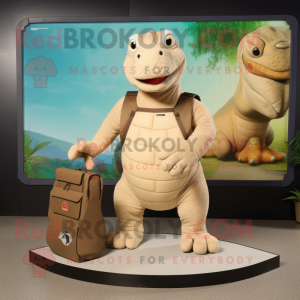 Beige Iguanodon mascot costume character dressed with a Tank Top and Wallets