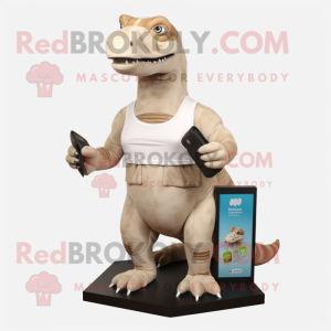 Beige Iguanodon mascot costume character dressed with a Tank Top and Wallets