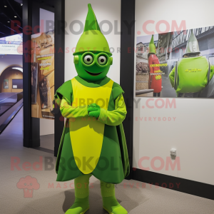 Lime Green Swiss Guard mascot costume character dressed with a Sweatshirt and Eyeglasses