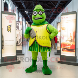 Lime Green Swiss Guard mascot costume character dressed with a Sweatshirt and Eyeglasses