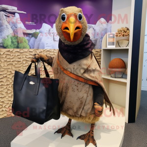 Rust Guinea Fowl mascot costume character dressed with a Coat and Tote bags