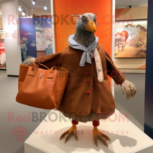 Rust Guinea Fowl mascot costume character dressed with a Coat and Tote bags