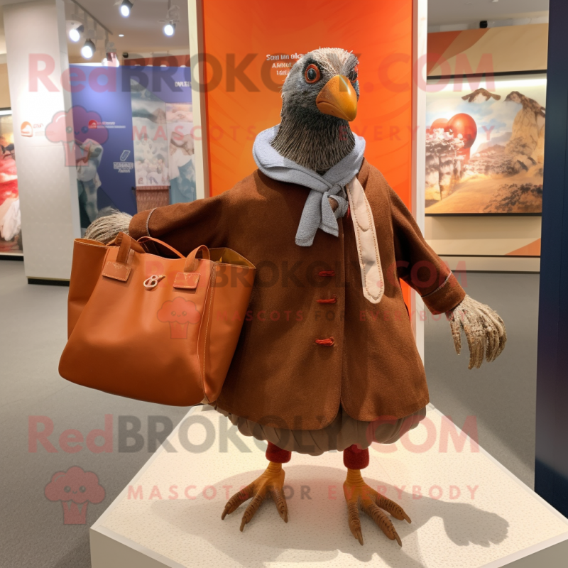 Rust Guinea Fowl mascot costume character dressed with a Coat and Tote bags Rust Guinea Fowl mascot costume character dressed with a Coat and Tote bags