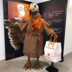 Rust Guinea Fowl mascot costume character dressed with a Coat and Tote bags