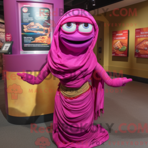 Maskotfigur af en magenta...