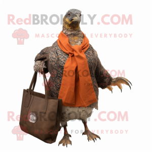 Rust Guinea Fowl mascot costume character dressed with a Coat and Tote bags