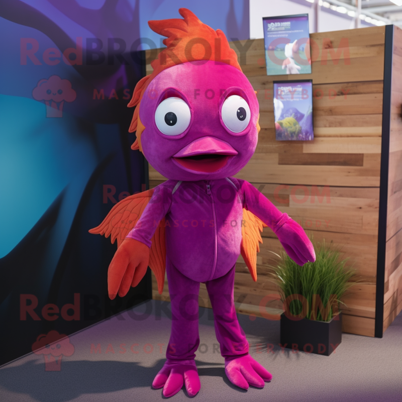 Magenta Goldfish mascot costume character dressed with a Corduroy Pants and Bracelets