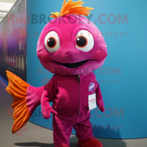 Magenta Goldfish mascot costume character dressed with a Corduroy Pants and Bracelets