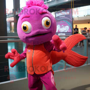 Magenta Goldfish mascot costume character dressed with a Corduroy Pants and Bracelets