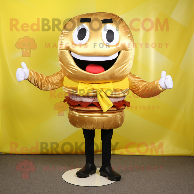 Gold Hamburger mascot costume character dressed with a V-Neck Tee and Ties