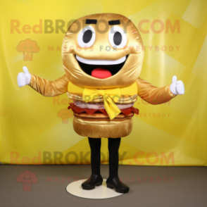 Gold Hamburger mascot costume character dressed with a V-Neck Tee and Ties