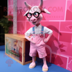 Pink Goat mascot costume character dressed with a Romper and Pocket squares