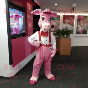 Pink Goat mascot costume character dressed with a Romper and Pocket squares