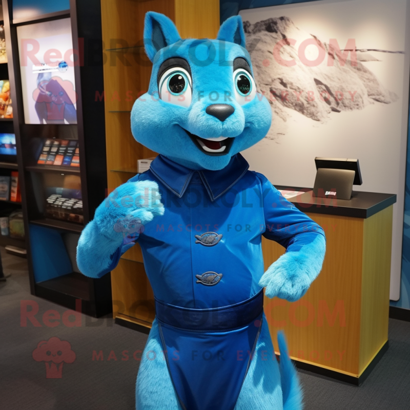 Blue Squirrel mascot costume character dressed with a Turtleneck and Lapel pins