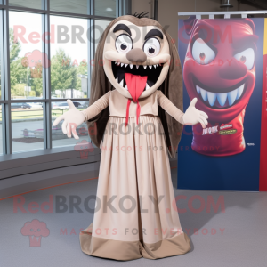 Tan Vampire mascot costume character dressed with a Maxi Dress and Shoe laces