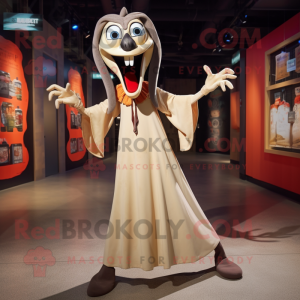 Tan Vampire mascot costume character dressed with a Maxi Dress and Shoe laces