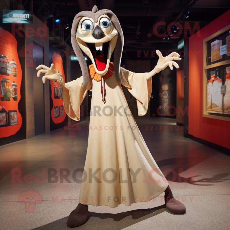 Tan Vampire mascot costume character dressed with a Maxi Dress and Shoe laces Tan Vampire mascot costume character dressed with a Maxi Dress and Shoe laces