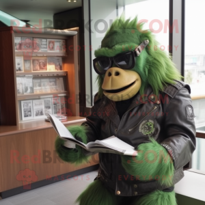 Green Orangutan mascot costume character dressed with a Biker Jacket and Reading glasses