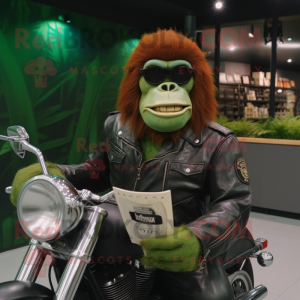 Green Orangutan mascot costume character dressed with a Biker Jacket and Reading glasses