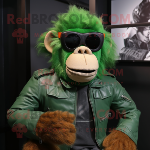 Green Orangutan mascot costume character dressed with a Biker Jacket and Reading glasses