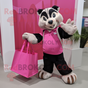 Pink Badger mascot costume character dressed with a Dress Pants and Tote bags