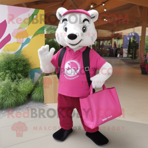 Pink Badger mascot costume character dressed with a Dress Pants and Tote bags