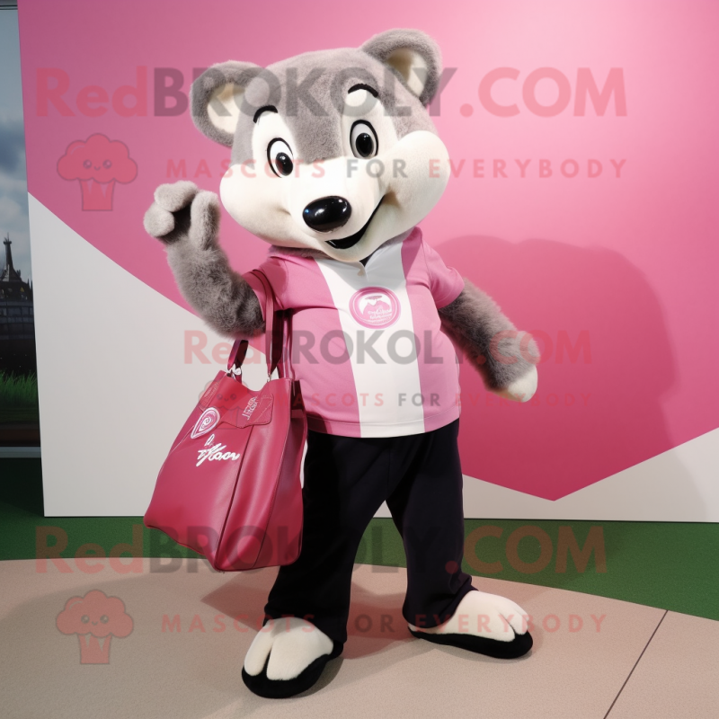 Pink Badger mascot costume character dressed with a Dress Pants and Tote bags