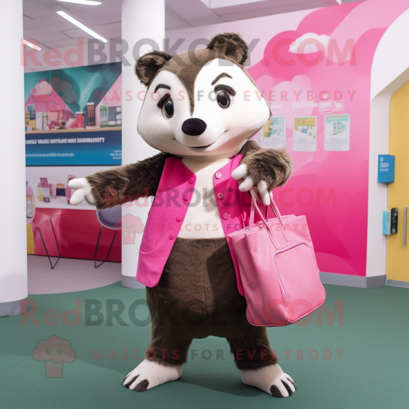 Pink Badger mascot costume character dressed with a Dress Pants and Tote bags