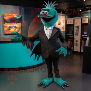 Teal Blackbird mascot costume character dressed with a Suit and Anklets