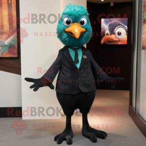Teal Blackbird mascot costume character dressed with a Suit and Anklets