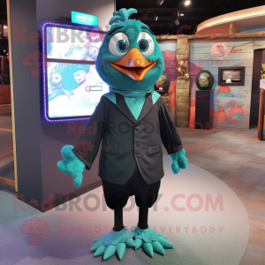 Teal Blackbird mascot costume character dressed with a Suit and Anklets