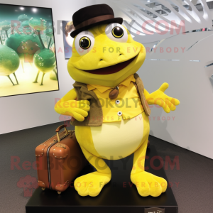 Yellow Frog mascot costume character dressed with a Henley Tee and Wallets
