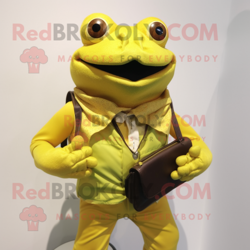 Yellow Frog mascot costume character dressed with a Henley Tee and Wallets