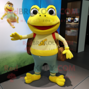 Yellow Frog mascot costume character dressed with a Henley Tee and Wallets