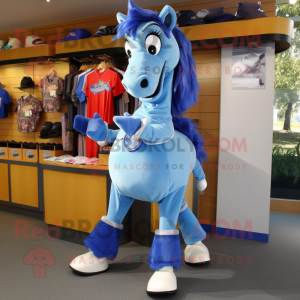 Blue Horse mascot costume character dressed with a Shift Dress and Shoe clips