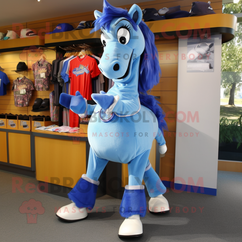 Blue Horse mascot costume character dressed with a Shift Dress and Shoe clips Blue Horse mascot costume character dressed with a Shift Dress and Shoe clips