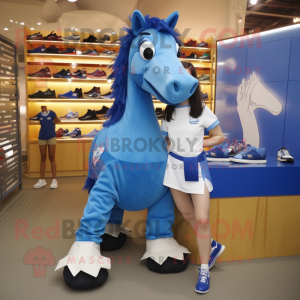 Blue Horse mascot costume character dressed with a Shift Dress and Shoe clips