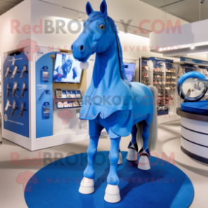 Blue Horse mascot costume character dressed with a Shift Dress and Shoe clips