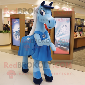 Blue Horse mascot costume character dressed with a Shift Dress and Shoe clips