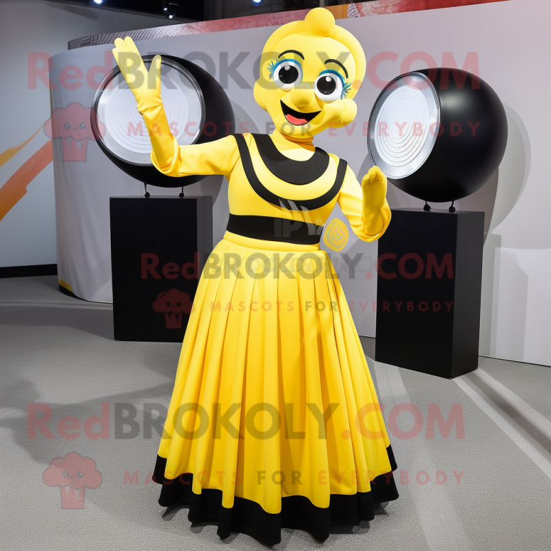 Yellow Mime mascot costume character dressed with a Evening Gown and Rings